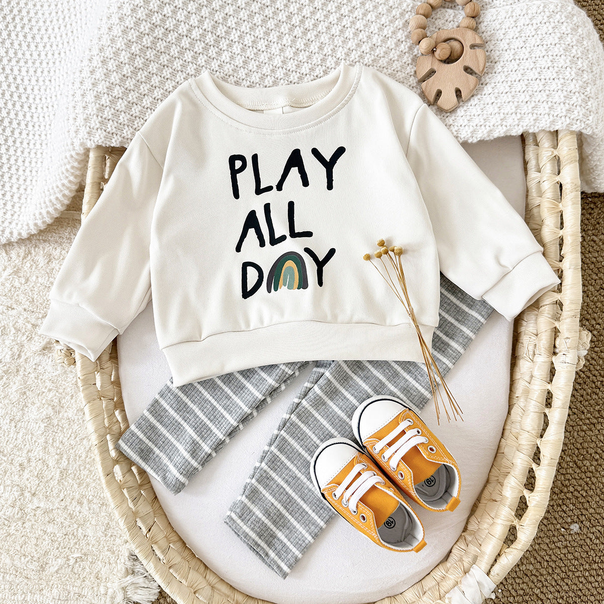 Loose Children's Clothing Letter Print Round Neck Long Sleeve Striped Trousers Suit