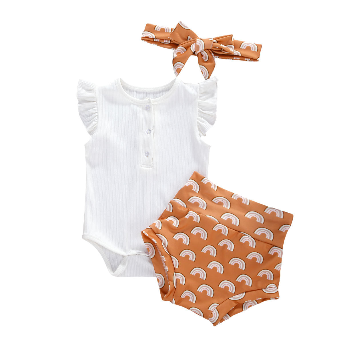 Infant And Toddler Suits Baby Girl Dark Button White Top Printed Shorts Suit Thre-piece Set