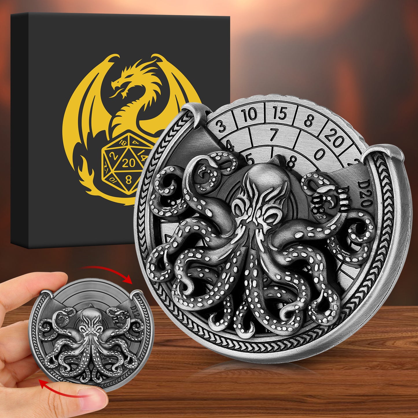 Vintage Kesulu Style, Super Refined Metal Octopus Dice Turntable Gift Box, Immersive Board Game Experience, D20 Random Surprise, Necessary Props For D&D Team
