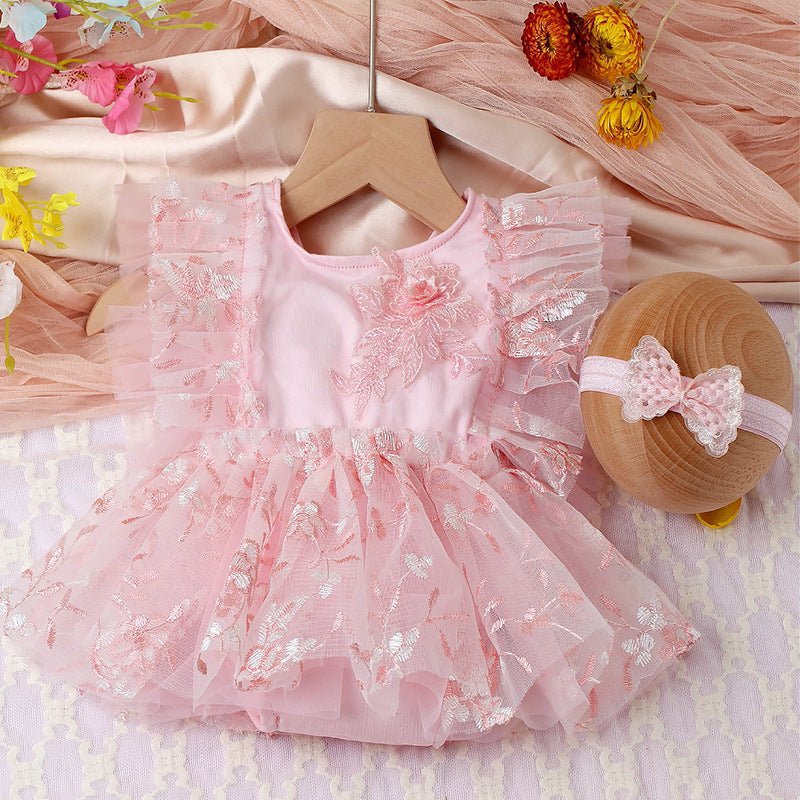Two-piece Newborn Embroidery Floral Lace Mesh Jumpsuit
