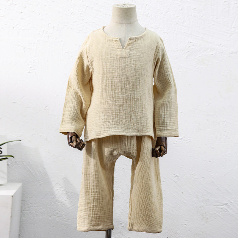 Conjunto de dos piezas de traje de casa infantil de algodón crepé en color liso