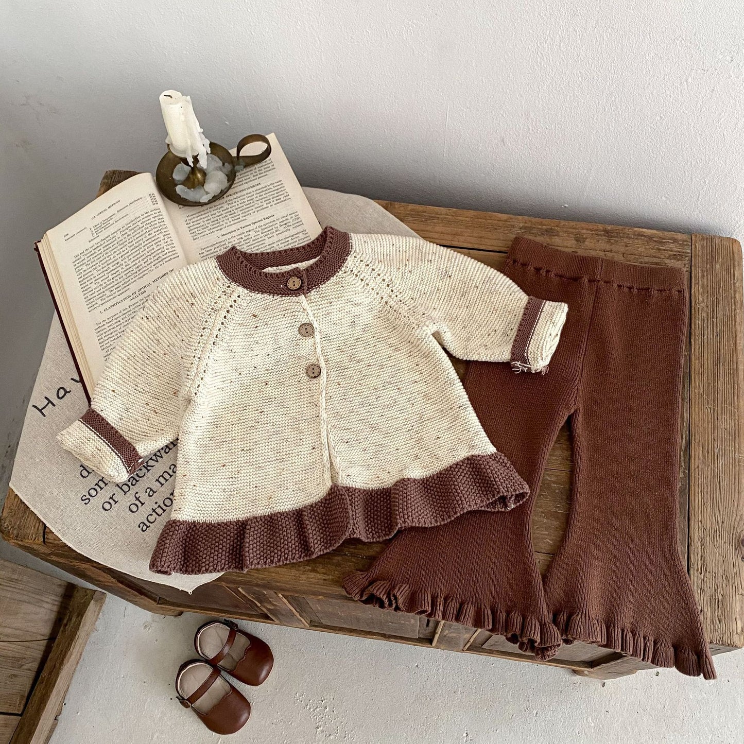 Baby Dot Yarn Ruffled Knitted Cardigan Coat Knitted Bell-bottom Pants