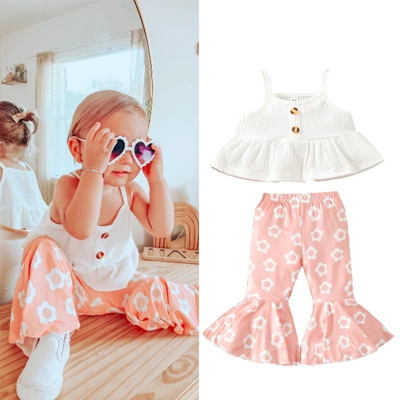 Children's Summer Spaghetti-strap Floral Print Cotton Flared Pants Suit