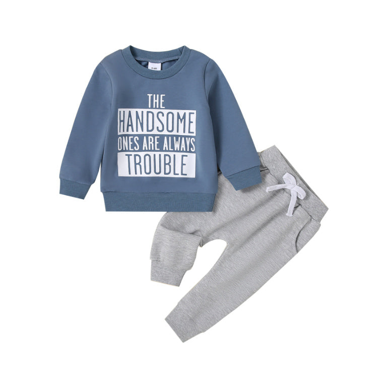 Casual Round Neck Letter Print Sweater Trousers Suit