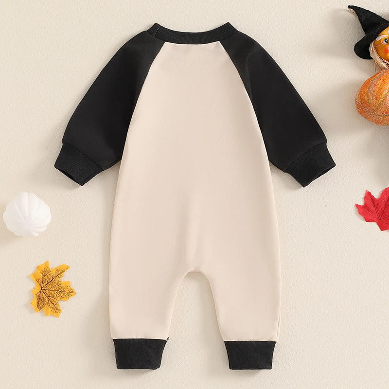 Letter Ghost Embroidery Color blocked Long sleeved Cartoon Cute jumpsuit Crawler