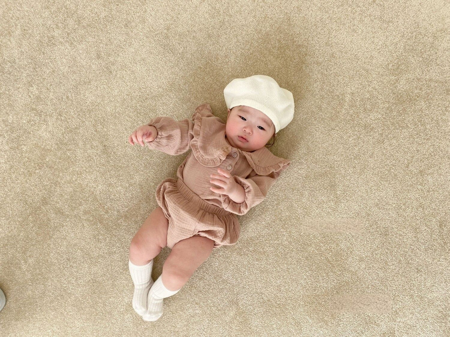Baby Wrinkled Cotton Ruffle Collar Lapel Top Pants Set