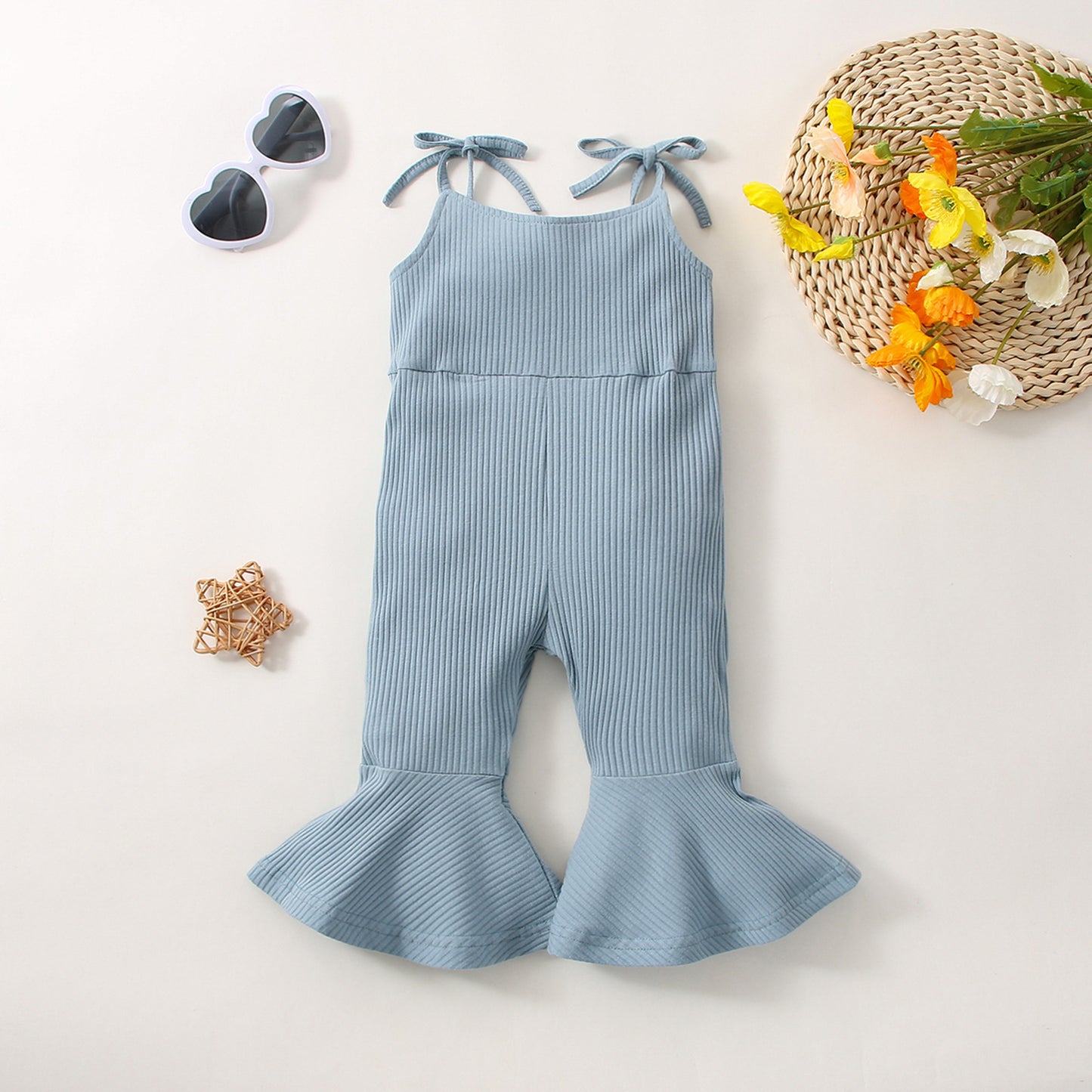 Summer Girls' Sunken Stripe Cotton Solid Color Sling One-piece Bell-bottom Pants