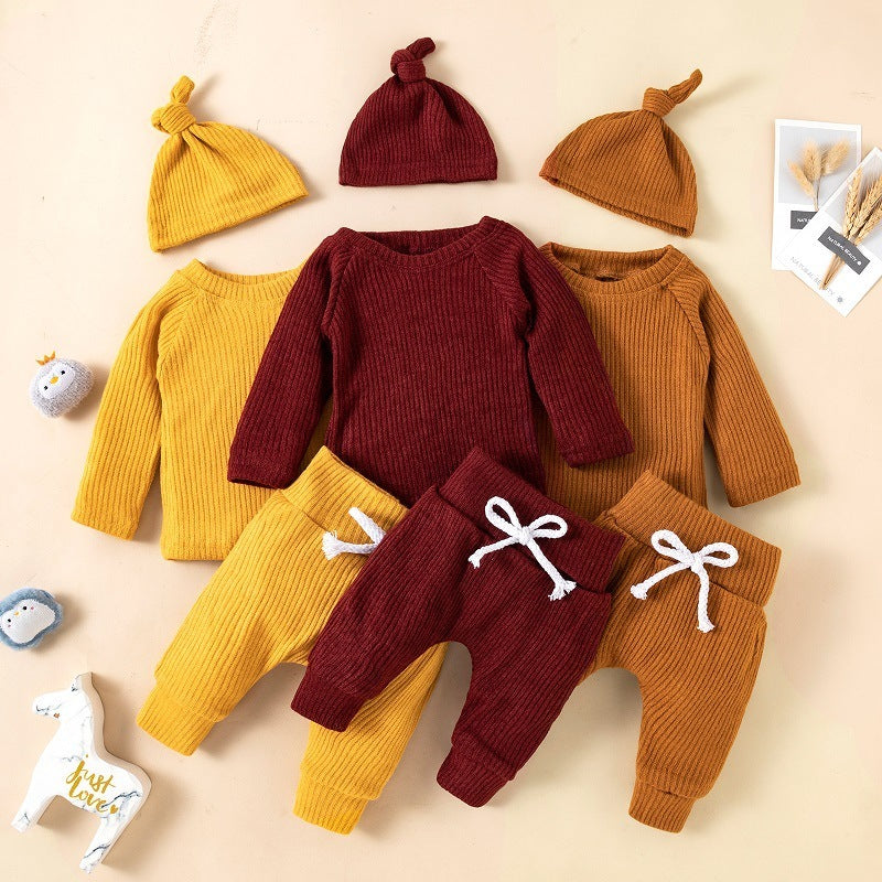 Knitted Baby Children's New Solid Color Knitted Hat Suit