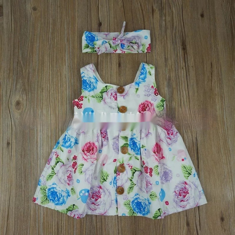 Girls' Dress Ins Hot Summer Baby Sleeveless Floral Dress Two-piece Set