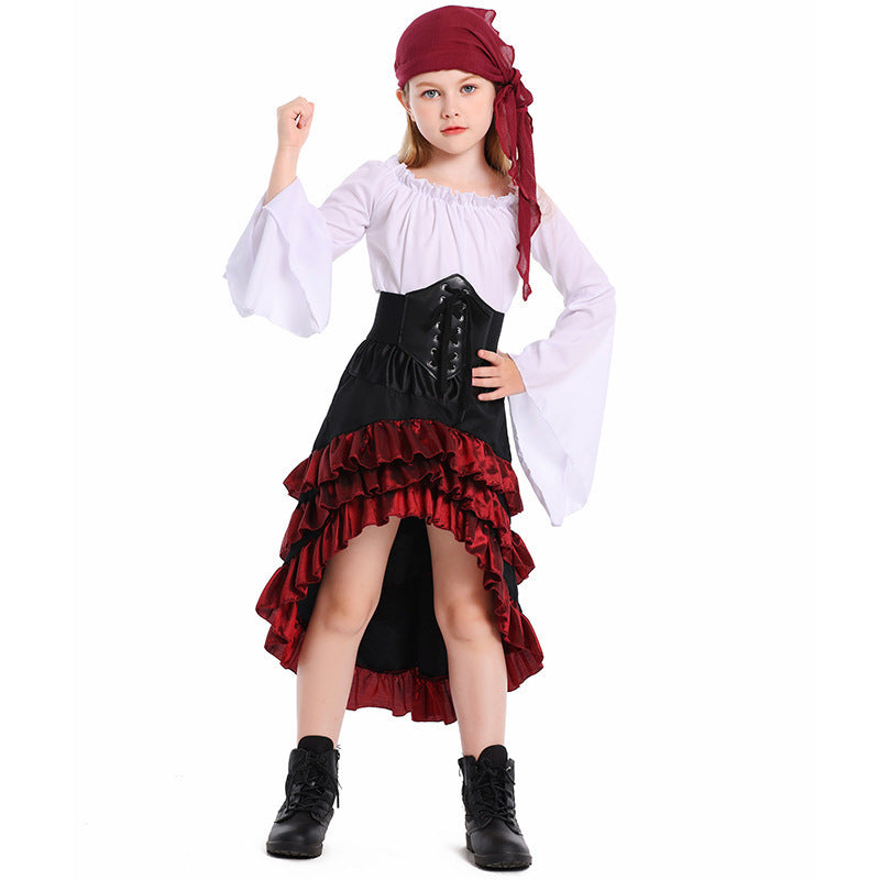 Halloween Retro Front Short Back Long Irregular Ruffled High Waist Dress Up