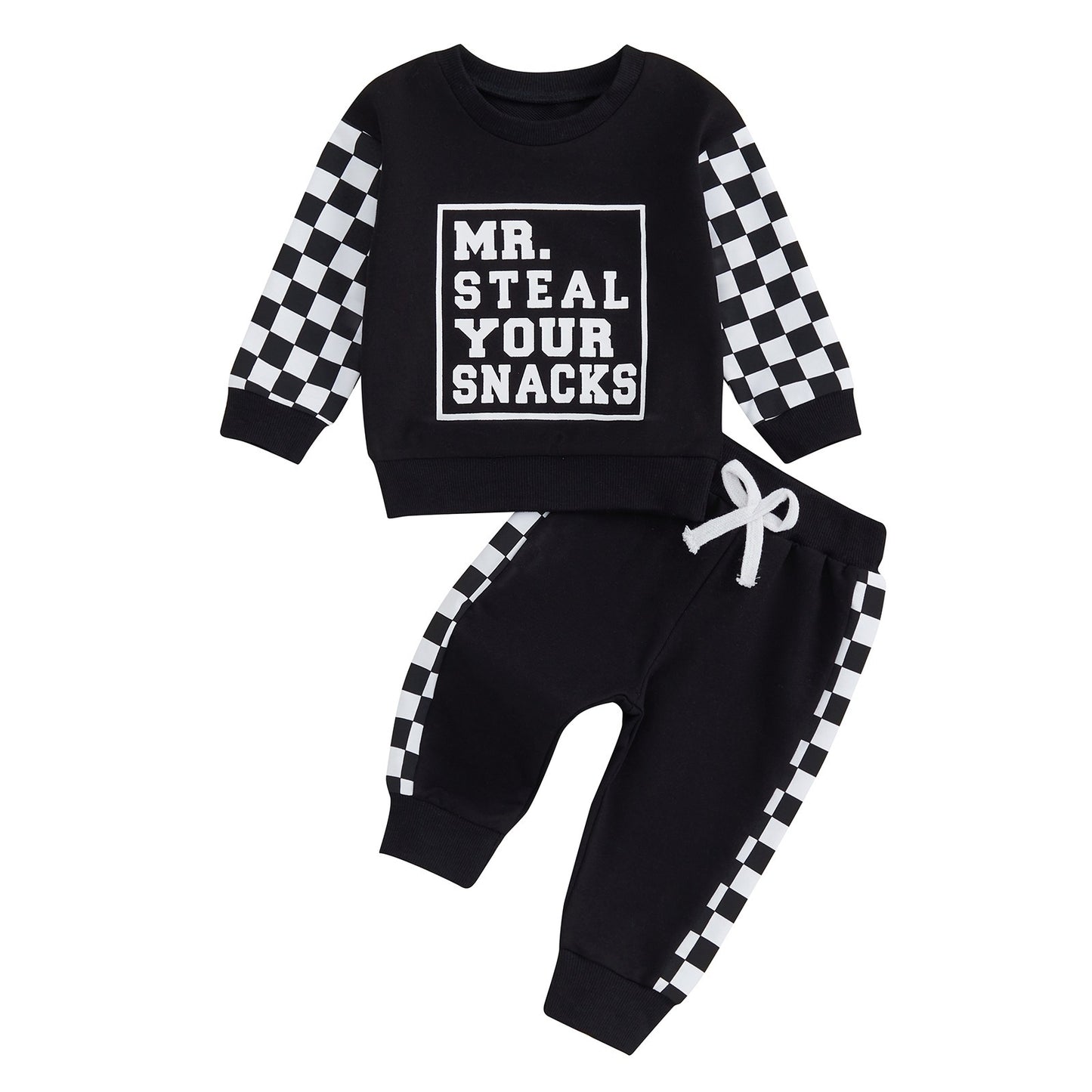 Ensemble décontracté pull et pantalon à col rond, imprimé lettres et coutures écossaises