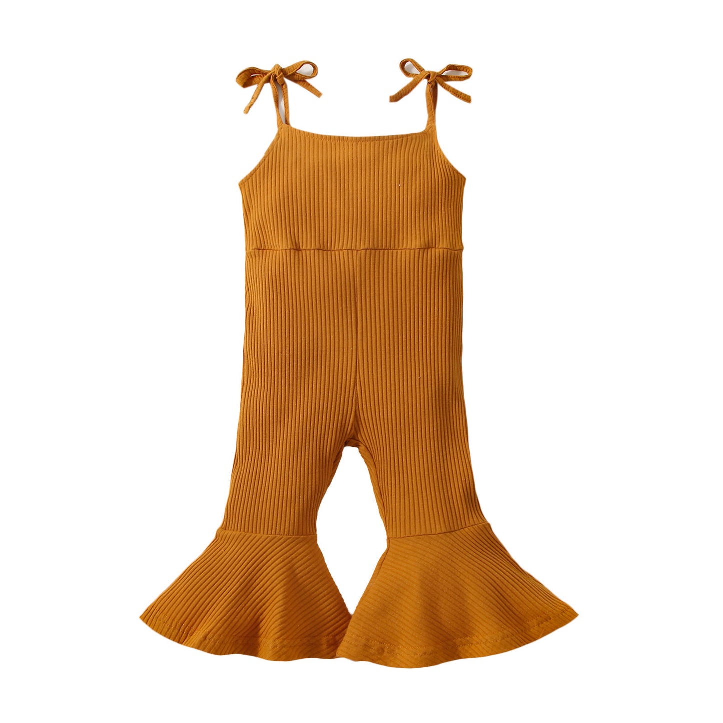 Summer Girls' Sunken Stripe Cotton Solid Color Sling One-piece Bell-bottom Pants
