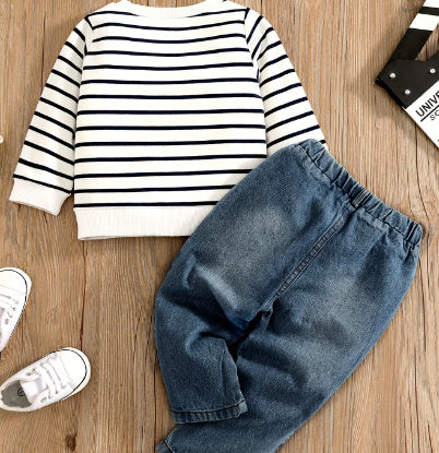 Ensemble de costume en jean brodé à rayures et à manches longues pour bébé