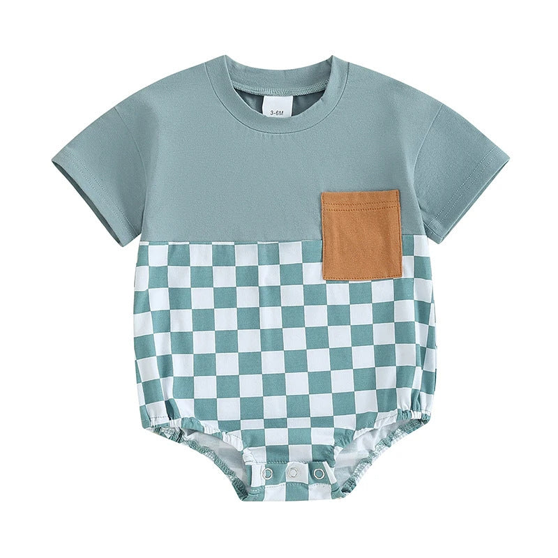Baby Summer Jumpsuit Waffle Patchwork Pocket Short Sleeve