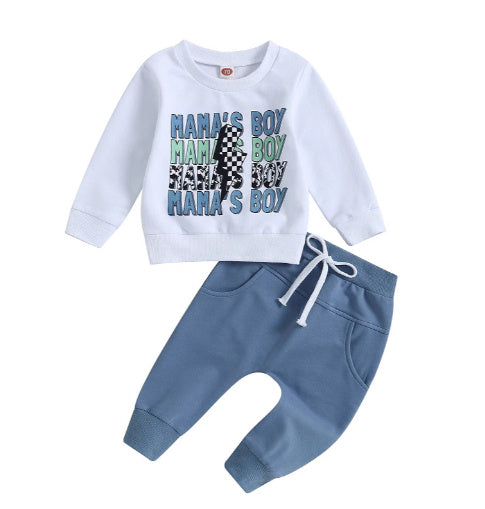 Casual Boy Letter Floral Print Long Sleeve Pullover Trousers Suit