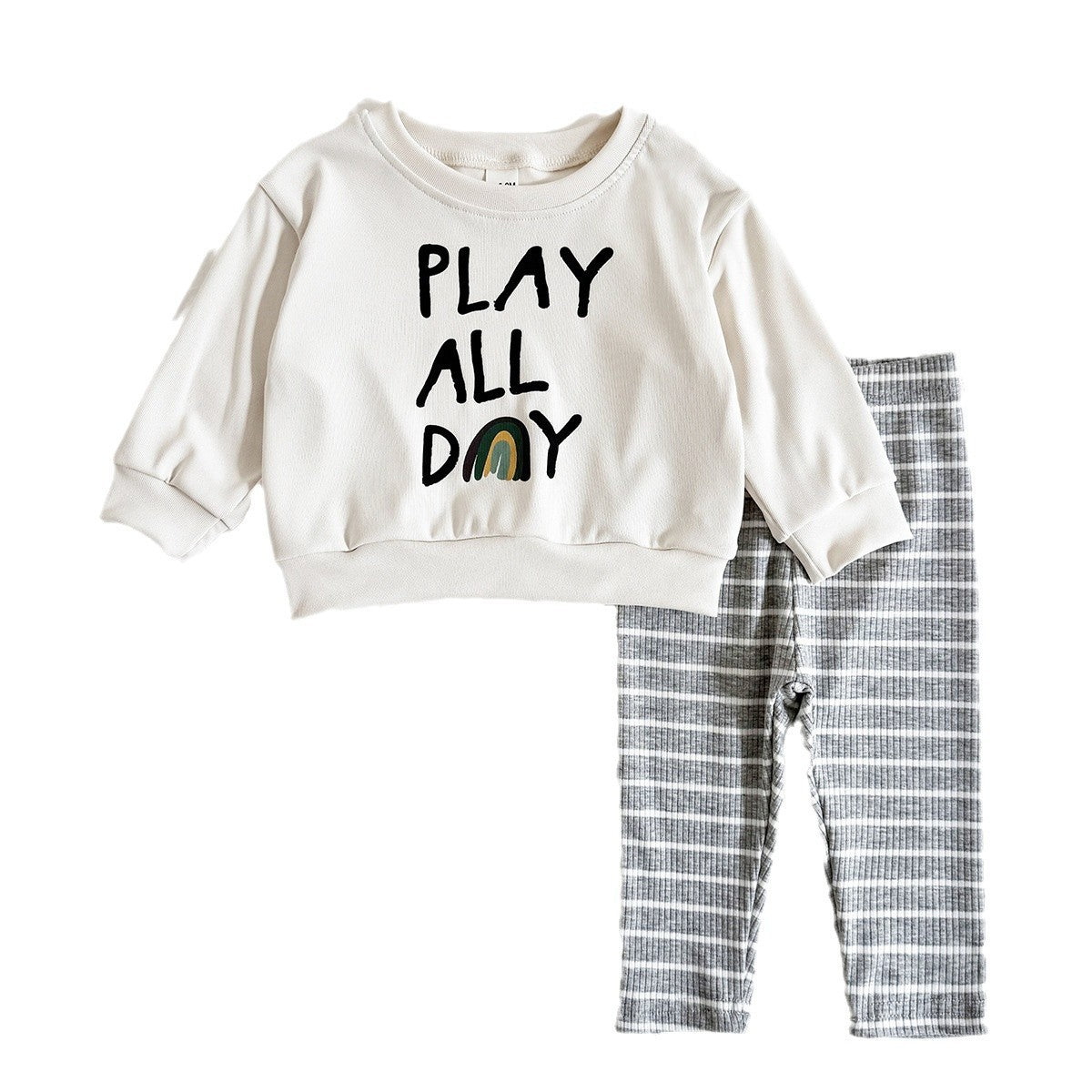 Loose Children's Clothing Letter Print Round Neck Long Sleeve Striped Trousers Suit