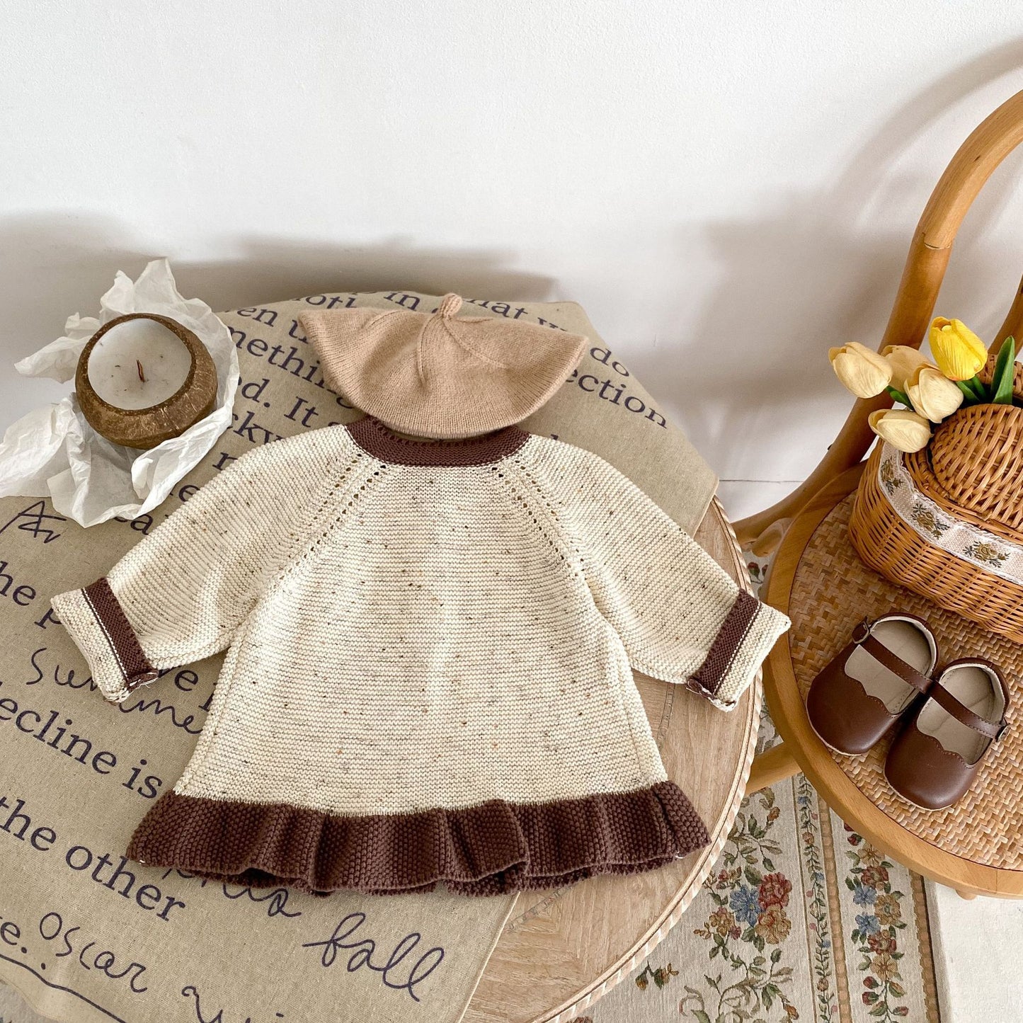 Baby Dot Yarn Ruffled Knitted Cardigan Coat Knitted Bell-bottom Pants