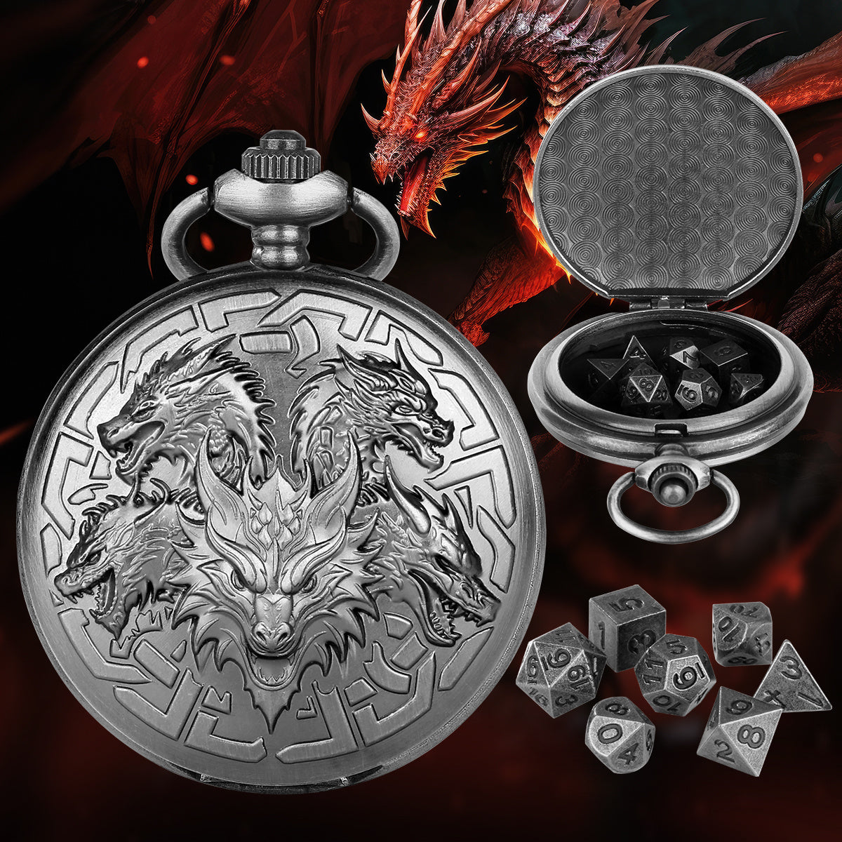 Jeu de dés de table rétro créatif en forme de montre de poche – 7 dés métalliques polyédriques, jeu de dés DND portable style steampunk, artisanat métallique exquis, ajoutant un charme unique aux jeux de table.