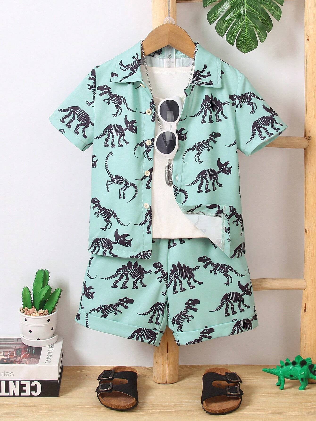 Baby Short Sleeve Shorts Cardigan Two-piece Set Animal Dinosaur Print