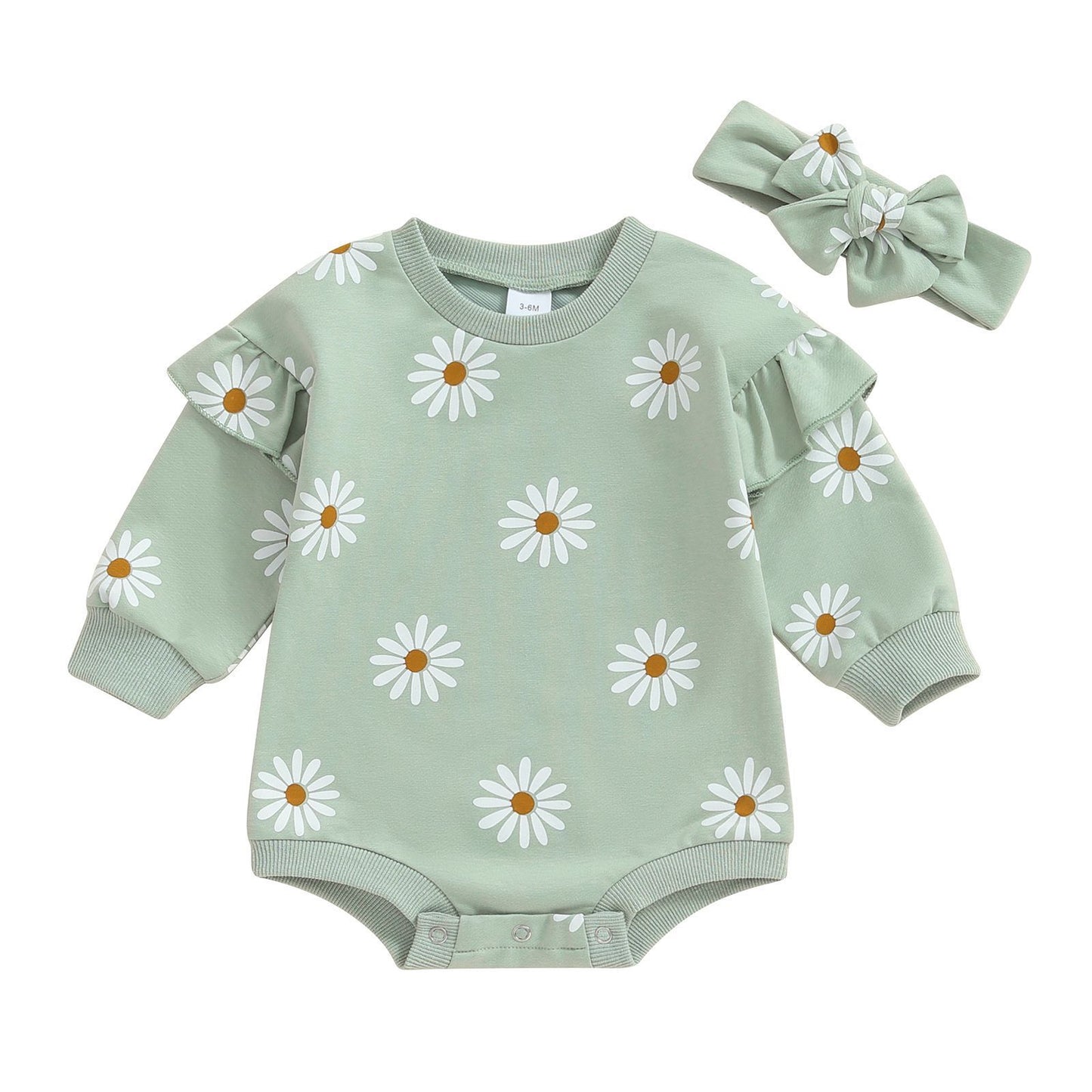 Printed Flounced Sleeve Romper Headscarf