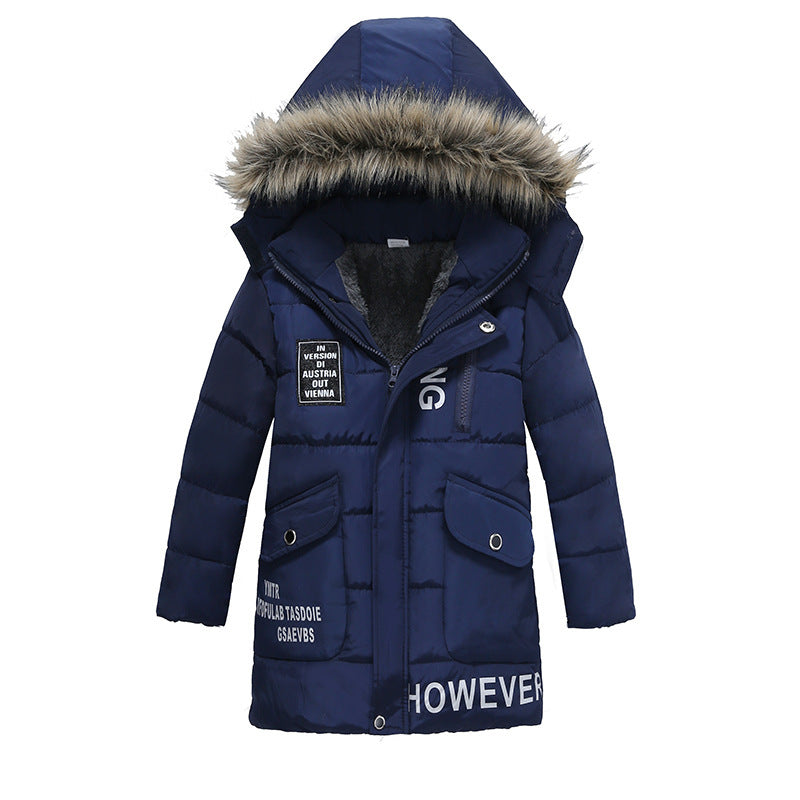 Chaqueta acolchada de algodón cálido con cuello de piel grande para niños