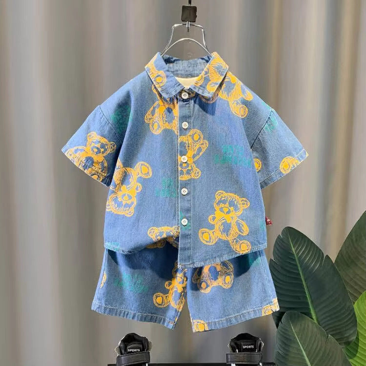 Baby Short Sleeve Shorts Cardigan Two-piece Set Animal Dinosaur Print