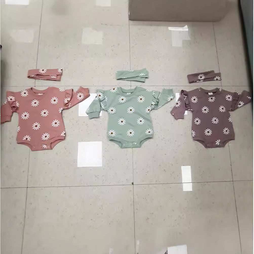 Printed Flounced Sleeve Romper Headscarf