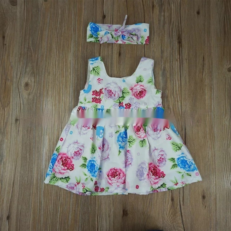 Girls' Dress Ins Hot Summer Baby Sleeveless Floral Dress Two-piece Set