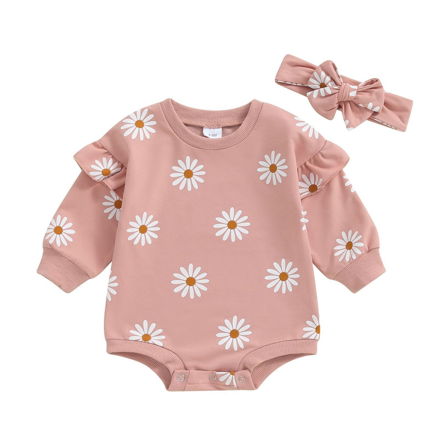 Printed Flounced Sleeve Romper Headscarf