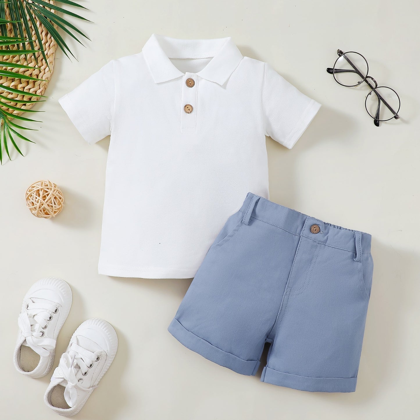 Polo pour garçon, fermeture éclair, point d'arrêt, short de couleur unie