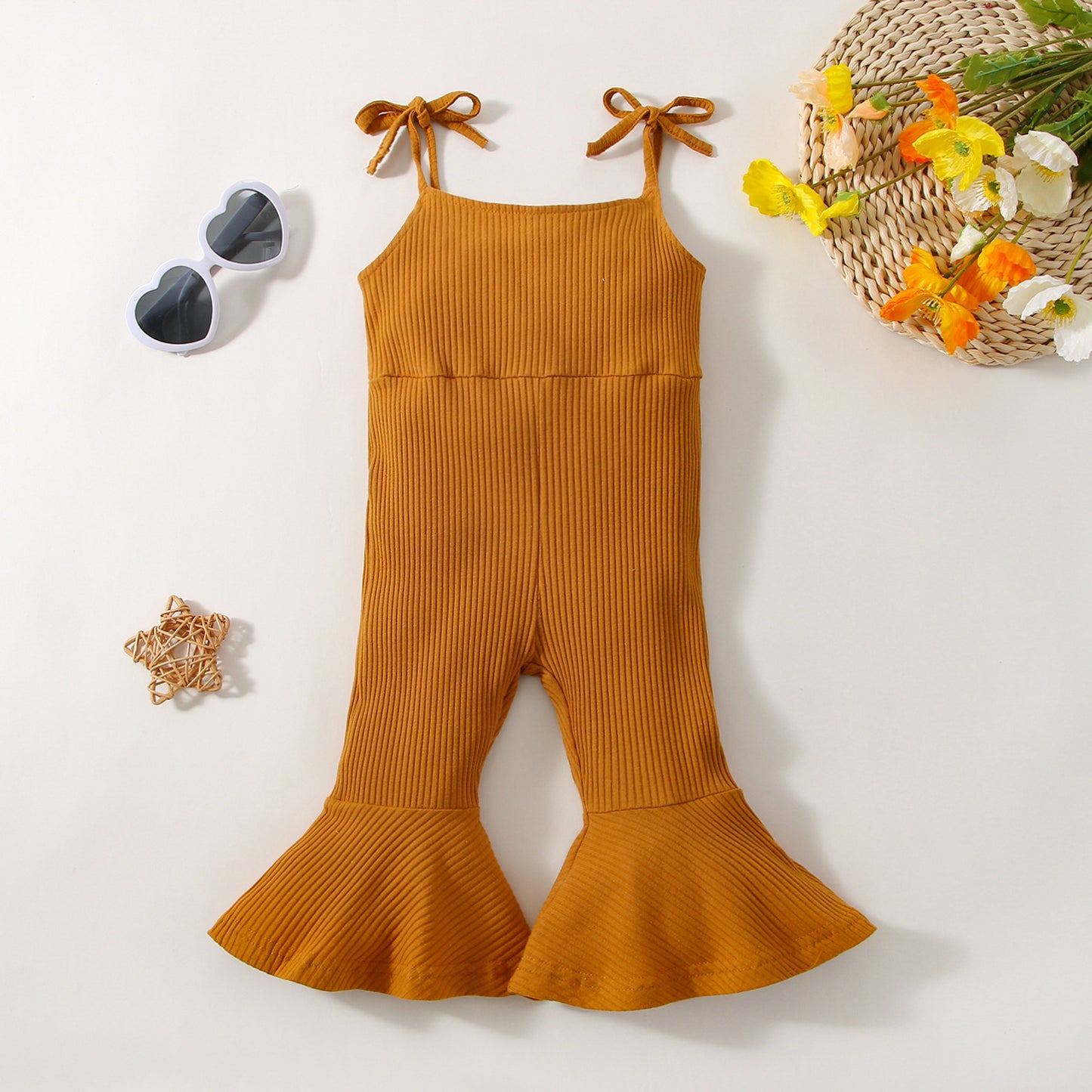 Summer Girls' Sunken Stripe Cotton Solid Color Sling One-piece Bell-bottom Pants