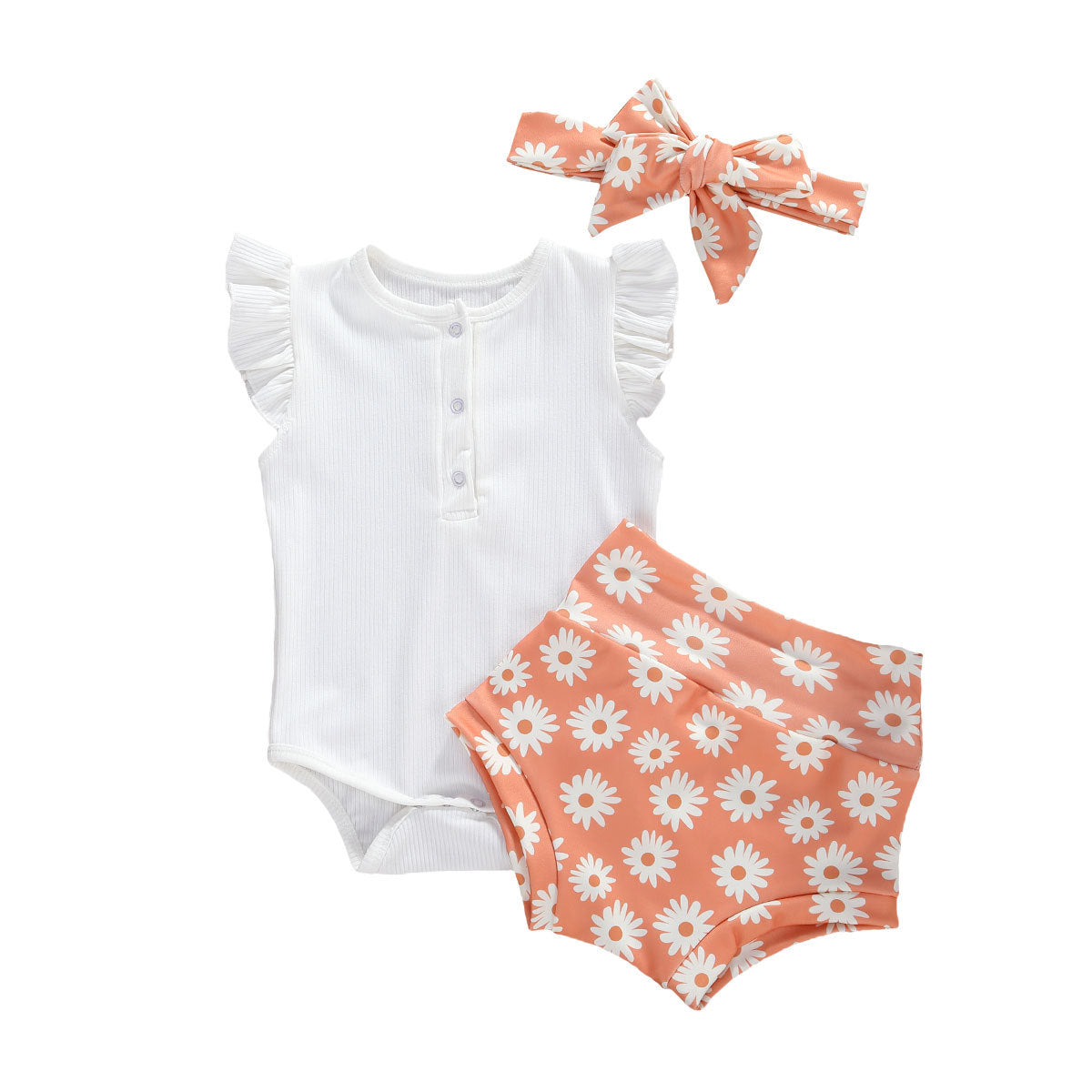 Infant And Toddler Suits Baby Girl Dark Button White Top Printed Shorts Suit Thre-piece Set