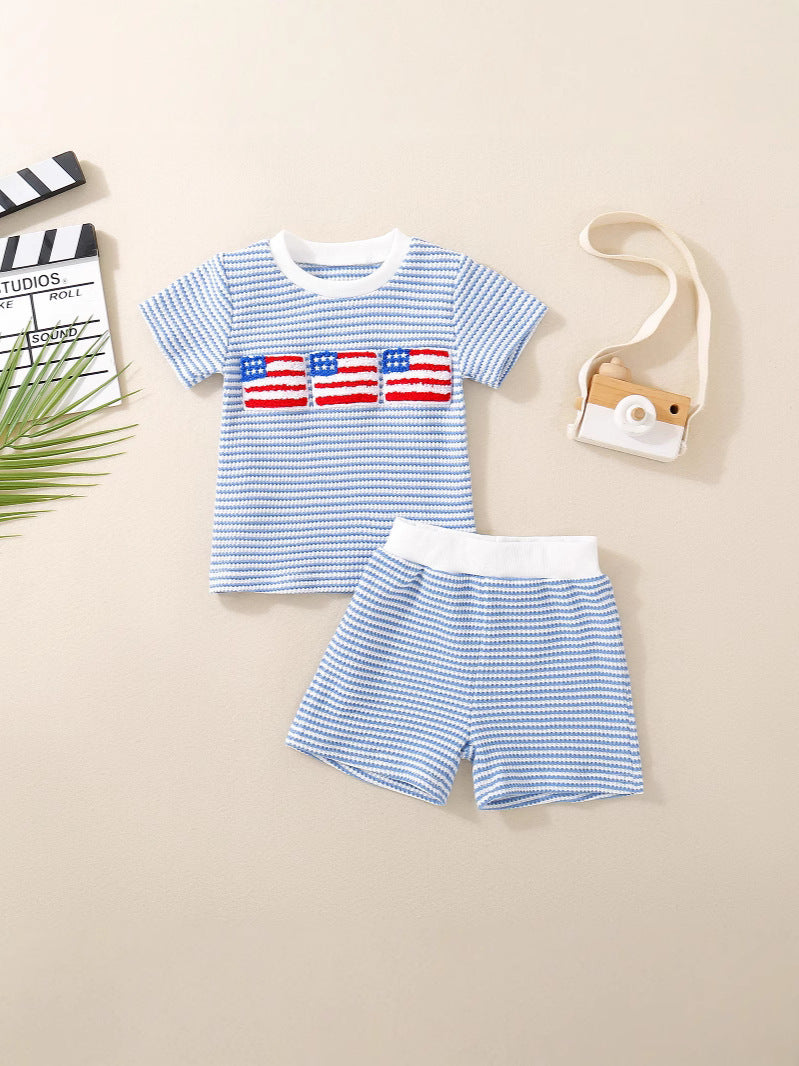 Embroidered Waffle Short Sleeve Top Waffle Shorts