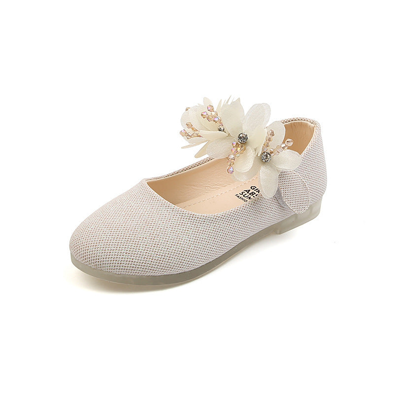 Zapatos de baile de una sola capa con flores y cordones de diamantes de imitación para niña de color liso