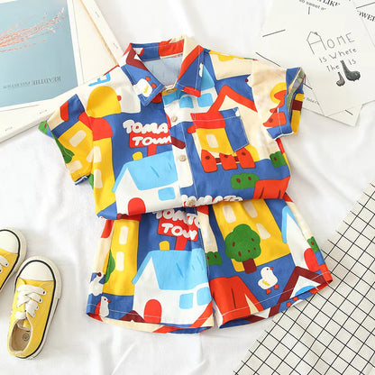 Baby Short Sleeve Shorts Cardigan Two-piece Set Animal Dinosaur Print