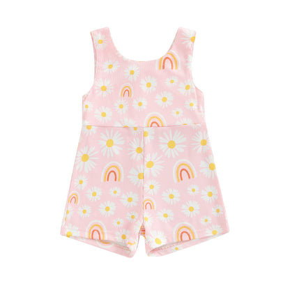 Strap Zipper Rainbow Sunken Stripe Flower Jumpsuit Romper