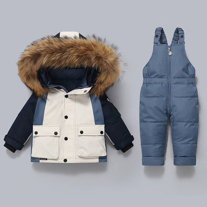 Thickened Down Jacket And Bib Overalls Two-Piece Set For Kids
