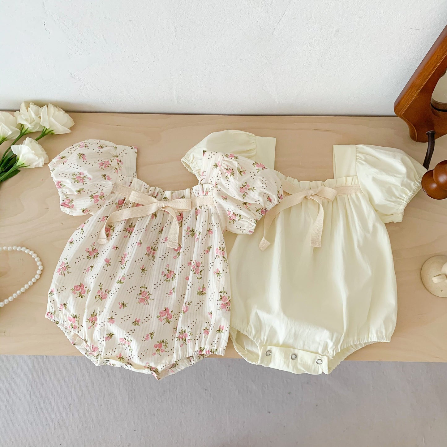 Small Floral Bow Baby Girl Bubble Sleeve Harness Crawl Clothes