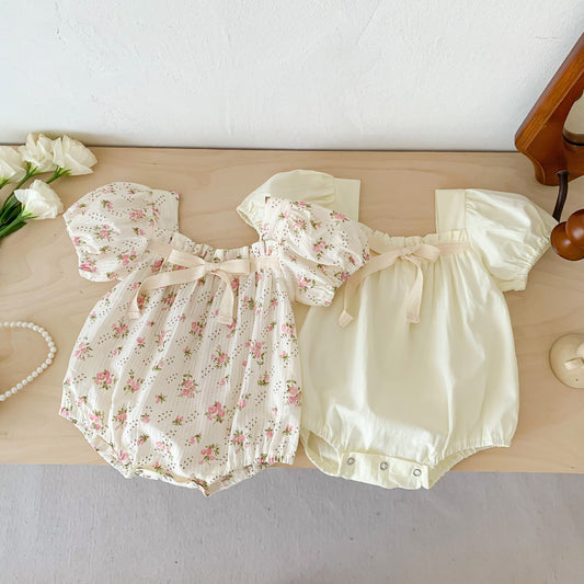Small Floral Bow Baby Girl Bubble Sleeve Harness Crawl Clothes