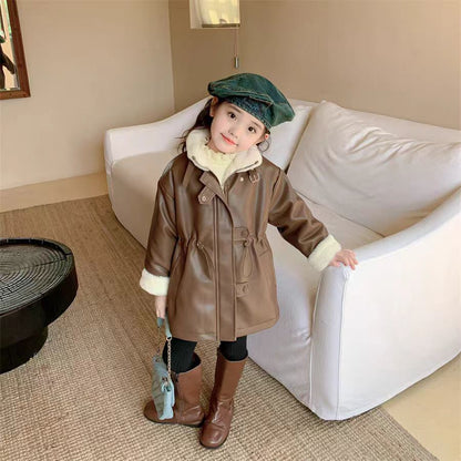 Girls' Winter Fleece-lined Medium Leather Coat