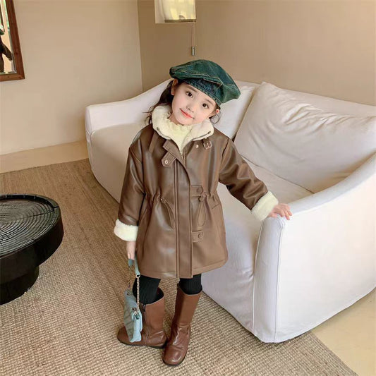 Girls' Winter Fleece-lined Medium Leather Coat