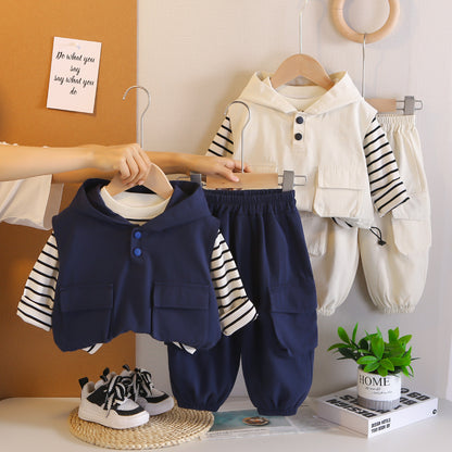 Handsome Boy Casual Spring And Autumn New Big Pocket Hoodie Vest Three-piece