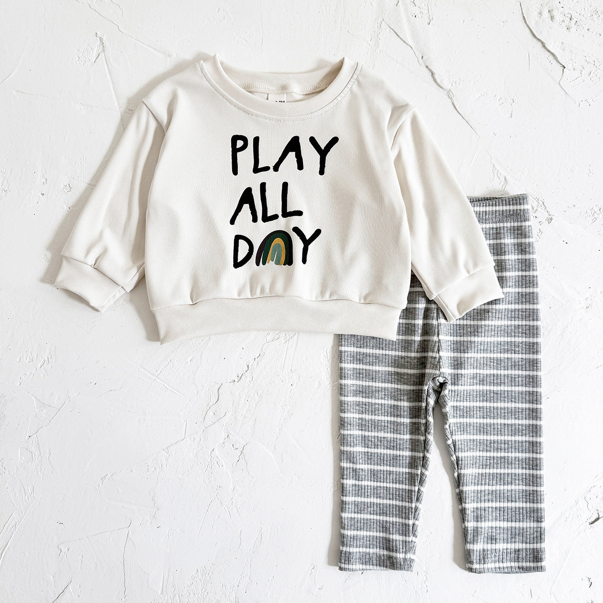 Loose Children's Clothing Letter Print Round Neck Long Sleeve Striped Trousers Suit