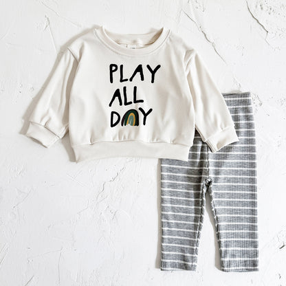 Loose Children's Clothing Letter Print Round Neck Long Sleeve Striped Trousers Suit