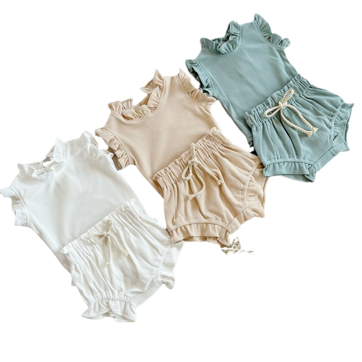 Rib Cotton Short Sleeve Wooden Ear Rompers Jumpsuit