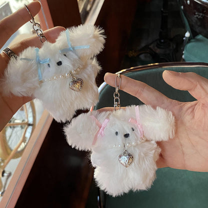 Niche Girl Heart Ribbon Pearl Bow Bunny Keychain Plush Pendant