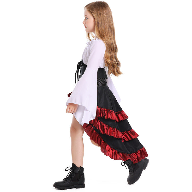 Halloween Retro Front Short Back Long Irregular Ruffled High Waist Dress Up
