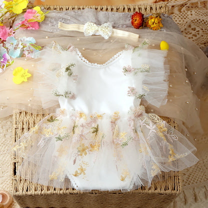 Two-piece Newborn Embroidery Floral Lace Mesh Jumpsuit