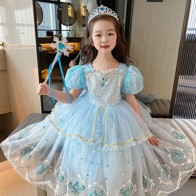Girls' Princess Long Short-sleeved Dress