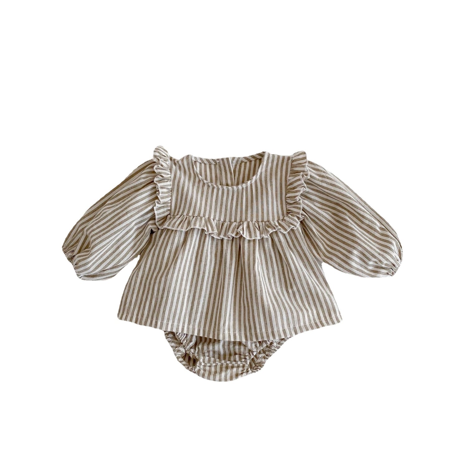 Cotton Baby Ruffle Collar Striped Long Sleeved Skirt Bread Pants Set